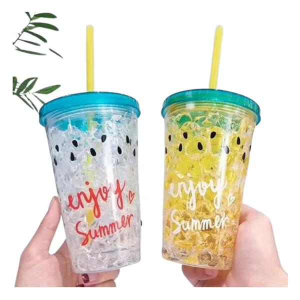 1 PC Double Plastic Juice Glass with Straw